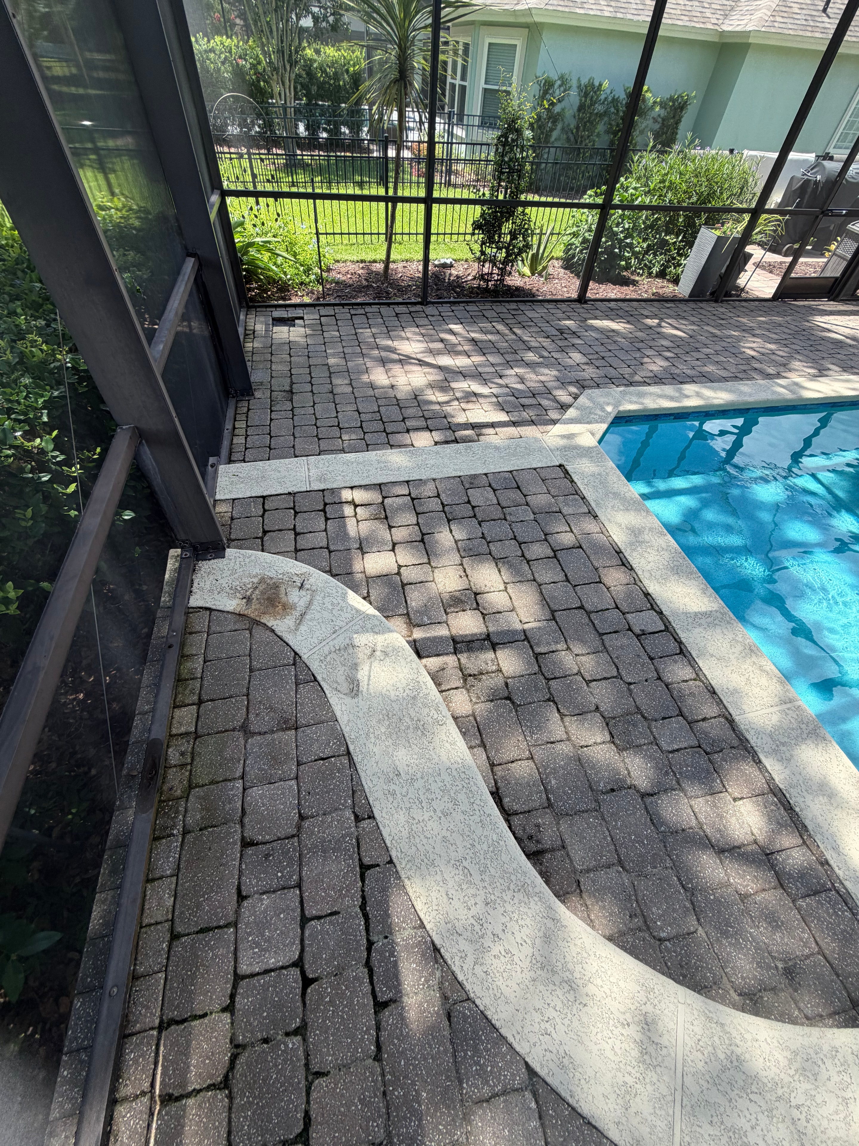 Pool deck pavers before cleaning — algae and staining on paver pool deck, Cimarrone, St. Johns, FL