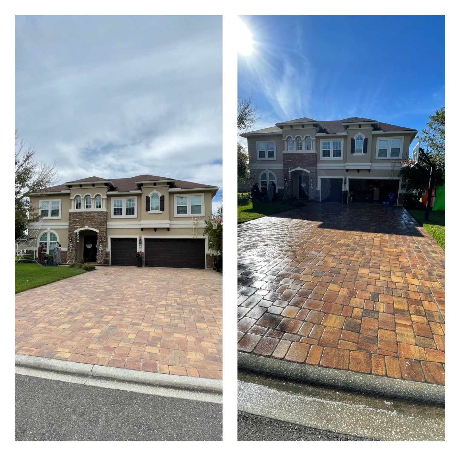 Large paver driveway before and after cleaning and sealing — colors restored on luxury home, Jacksonville, FL