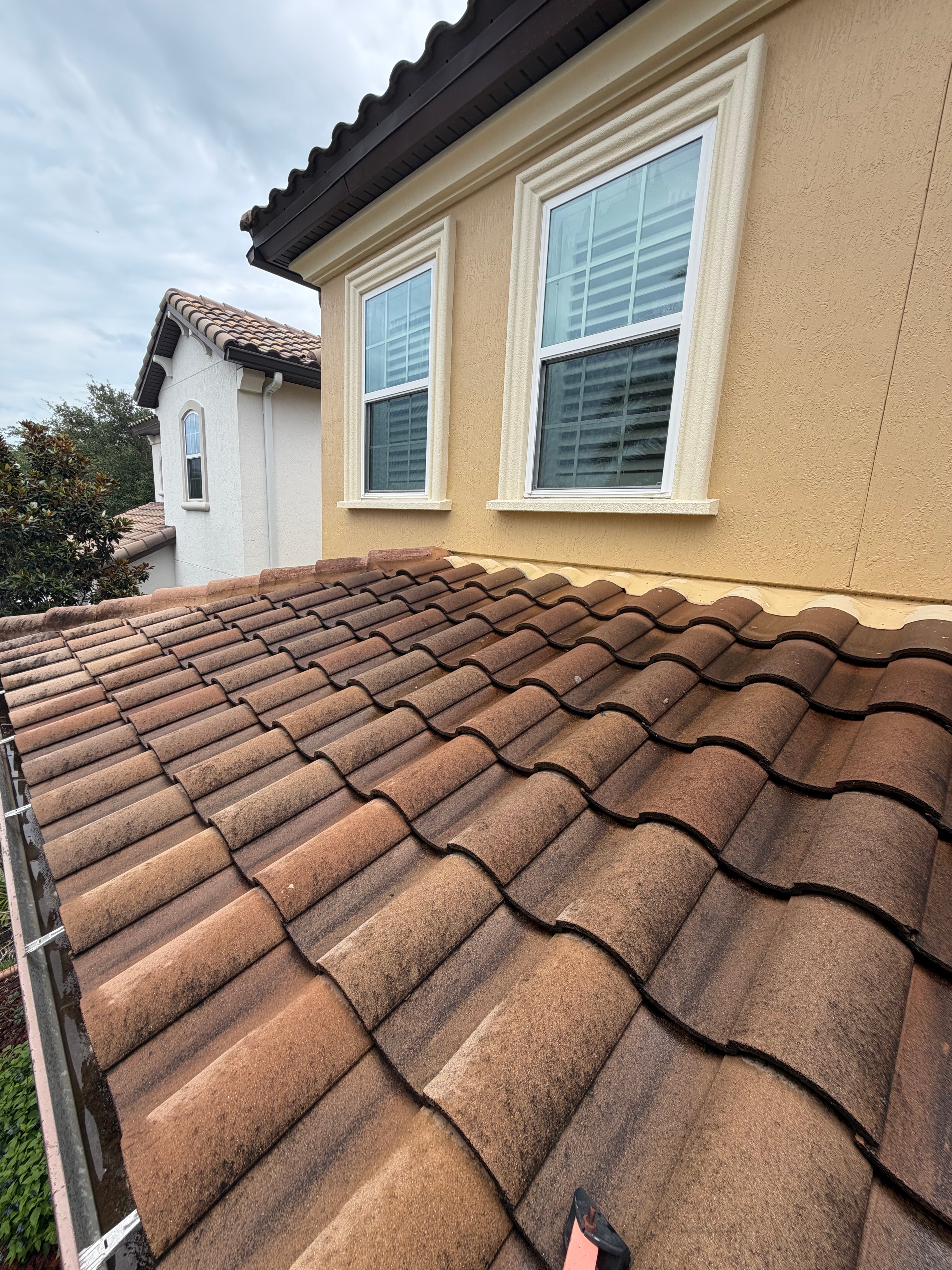 Clay tile roof before soft wash cleaning — algae and mold staining on terracotta tiles, Pablo Creek Reserve, Jacksonville, FL